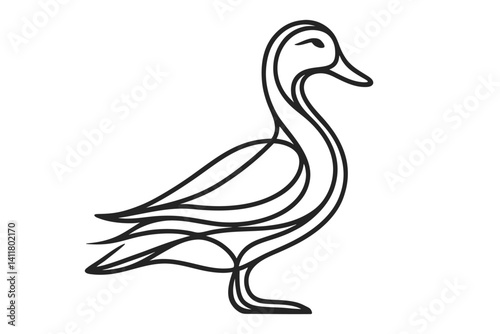 Elegant One Line Drawing of Standing Duck. Clipart image isolated on background.