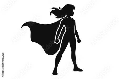 Confident Young Female Superhero Strikes Powerful Pose. Clipart image isolated on background.