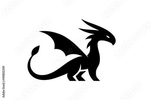 Black Dragon Silhouette with Elegant Sharp Wings. Clipart image isolated on background.
