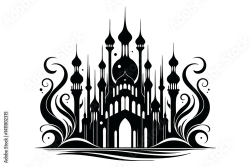 Fantasy Castle Silhouette with Ocean Waves Design. Clipart image isolated on background.