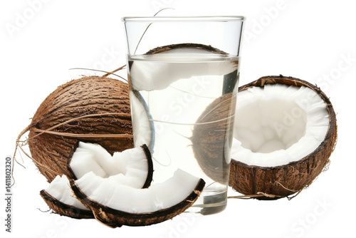 Refreshing coconut water with fresh coconut halves on a light background, showcasing natural health and tropical vibes isolated on transparent background