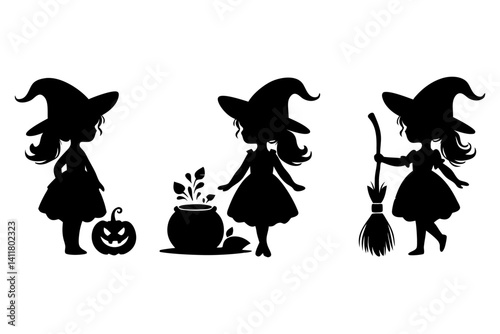 Little Girl Witch Silhouettes with Halloween Props. Clipart image isolated on background.