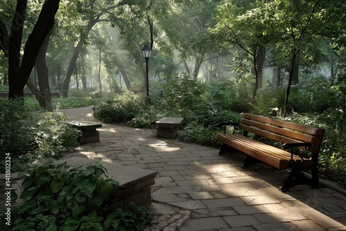 Sunlit park path with benches