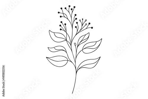 Minimalist Plant Line Art with Leaves and Berries. Clipart image isolated on background.