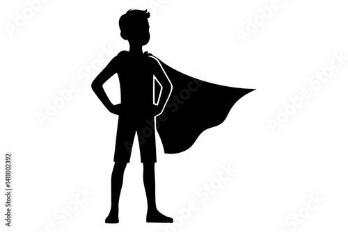 Confident Young Boy in Superhero Cape Silhouette. Clipart image isolated on background.