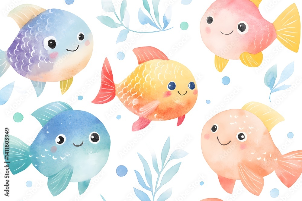 Group of colorful fish with big eyes and smiling faces. The fish are arranged in a row, with the first fish on the left and the last fish on the right. The background features a leafy green plant Group of colorful fish with big eyes and smiling faces. The fish are arranged in a row, with the first fish on the left and the last fish on the right. The background features a leafy green plant