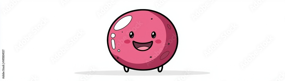 Cheerful cartoon character design of a smiling pink sphere with cute features and friendly expression Cheerful cartoon character design of a smiling pink sphere with cute features and friendly expression