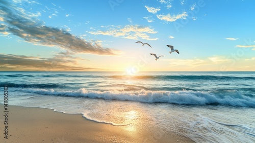 Sunrise beach scene with birds flying over the ocean