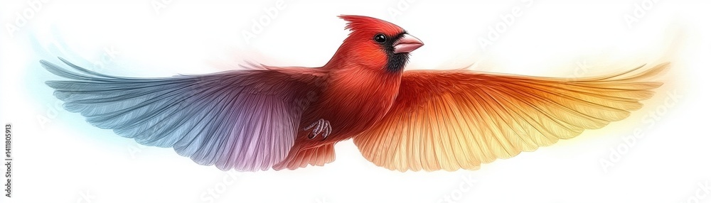 Obraz premium Vibrant Red Cardinal Bird Spreading Wings Against White Background in Stunning Artwork