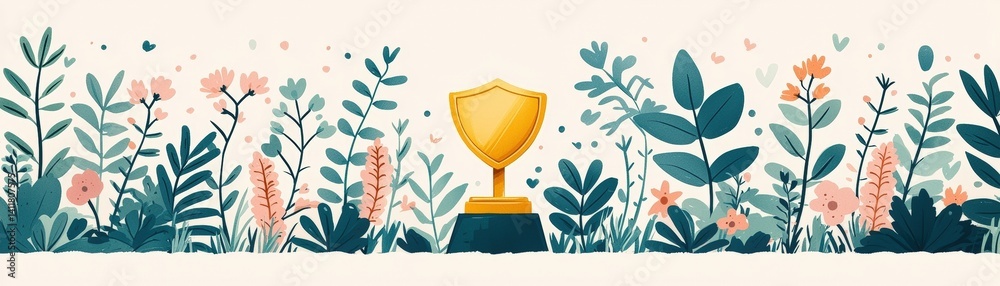 Golden Trophy on a Pedestal Surrounded by Colorful Flowers and Greenery in a Bright Setting Golden Trophy on a Pedestal Surrounded by Colorful Flowers and Greenery in a Bright Setting