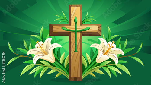 Wooden cross, easter lilies on green blurred background. Christian holiday floral composition with religious symbol of faith, hope, love. Springtime celebration, resurrection of Jesus 