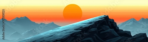 Stunning Sunset Over Mountain Ridge with Warm Orange Sky and Dramatic Shadows in Landscape Scene