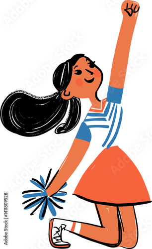 Cheerleader jumping with excitement while holding pom pom in colorful outfit cartoon isolated on transparent background. Vector illustration.