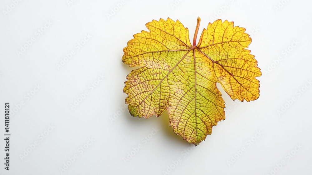 Fototapeta premium A single grapevine leaf with unique shape and texture placed on white.