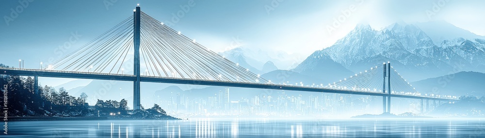 Obraz premium Ethereal Mountain Landscape with Modern Bridge and Misty Water Reflection at Dawn