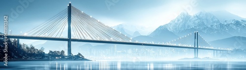 Ethereal Mountain Landscape with Modern Bridge and Misty Water Reflection at Dawn