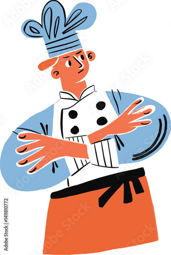 Chef stands confidently with crossed arms cartoon isolated on transparent background. Vector illustration.