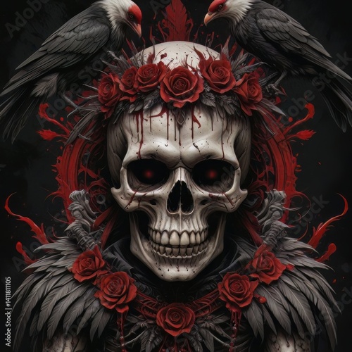 skull with a red rose