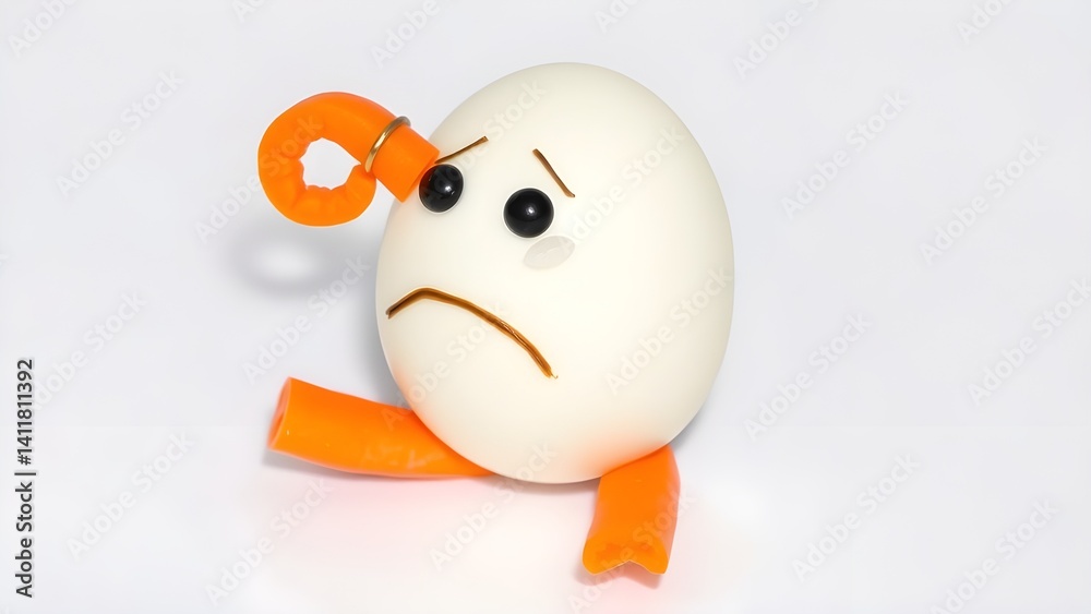 A forlorn egg creature with carrot limbs and a sad expression sits alone against a stark white background, conveying feelings of loneliness and dejection. A forlorn egg creature with carrot limbs and a sad expression sits alone against a stark white background, conveying feelings of loneliness and dejection.