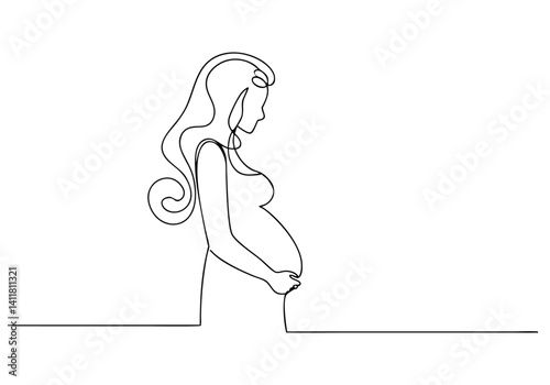 continuous line drawing of a pregnant woman silhouette with elegant curves and gentle maternal pose in modern black and white style
