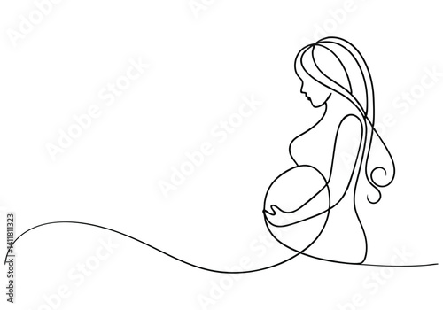 continuous line drawing of a pregnant woman silhouette with elegant curves and gentle maternal pose in modern black and white style