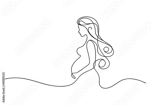 continuous line drawing of a pregnant woman silhouette with elegant curves and gentle maternal pose in modern black and white style