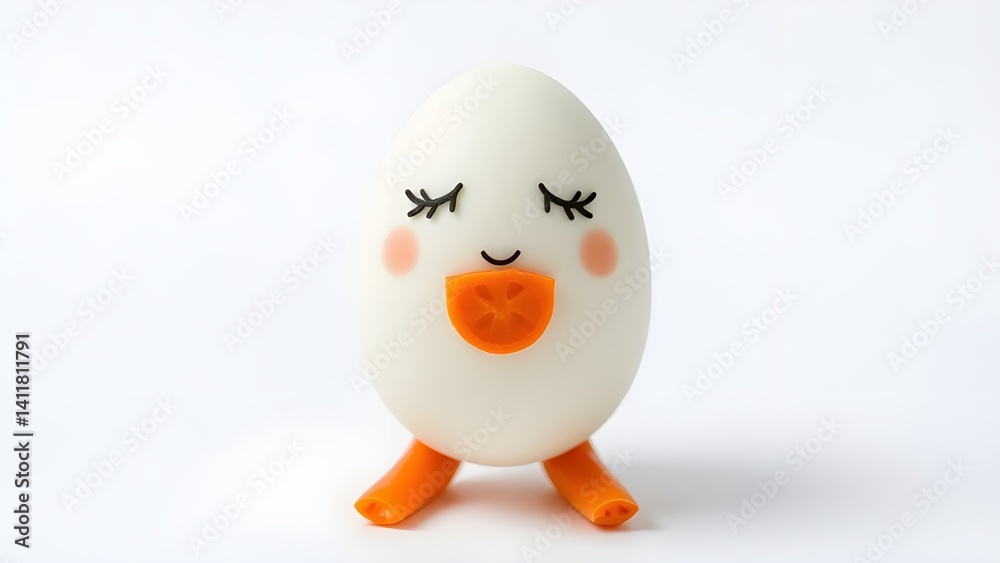 A charming boiled egg chick with carrot legs and a tiny beak, peacefully sleeping against a plain white background. A charming boiled egg chick with carrot legs and a tiny beak, peacefully sleeping against a plain white background.
