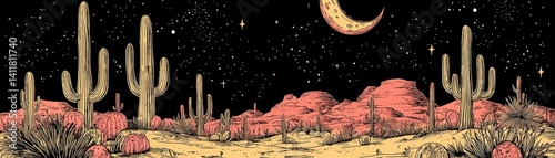 Desert Landscape with Cacti, Stars, and Moonlit Night Sky in Vintage Style Illustration