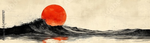 Tranquil Ocean Waves at Sunset with Vibrant Red Sun and Serene Water Reflection