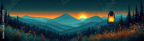 Tranquil Sunset Over Mountain Landscape with Lantern Illuminating the Foreground