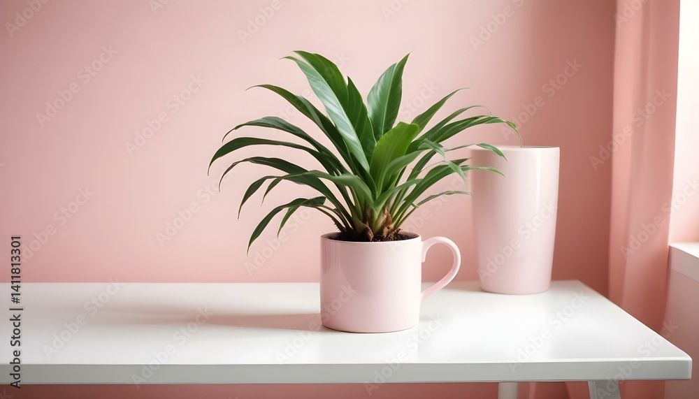 Mug mockup on a white table and a palm plant. Mug mockup on a white table and a palm plant.