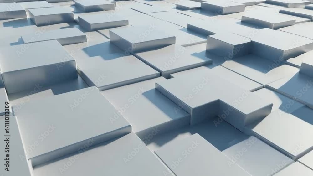 Abstract animation of white, rectangular block shapes moving slightly. Clean, modern, and minimal background. Suitable for architecture, tech, or corporate visuals