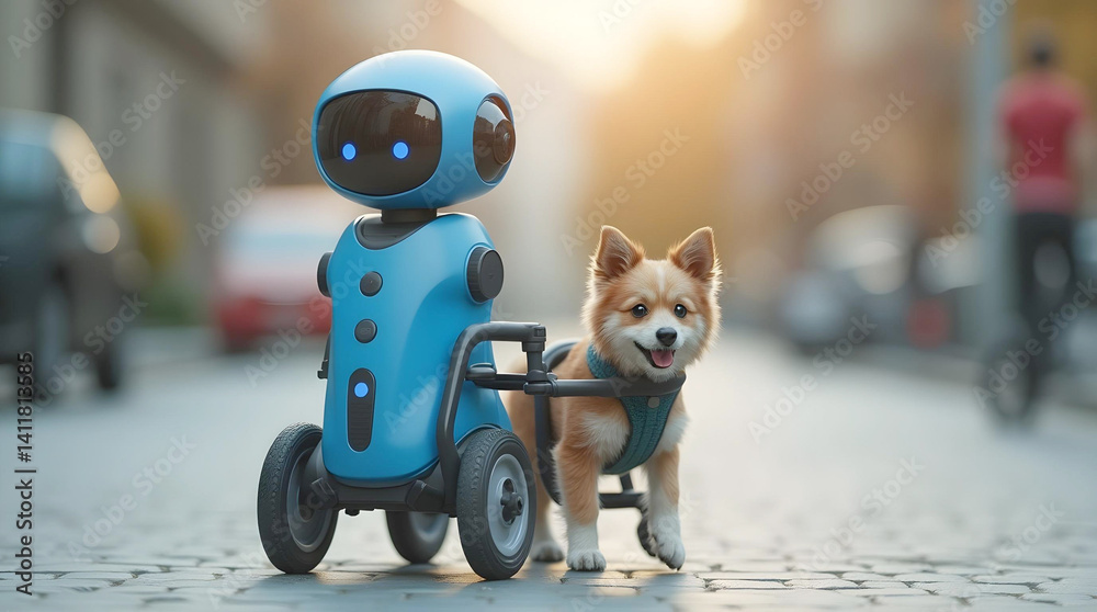 Fototapeta A small blue robot with glowing eyes stands beside a happy puppy in a wheelchair on a paved path