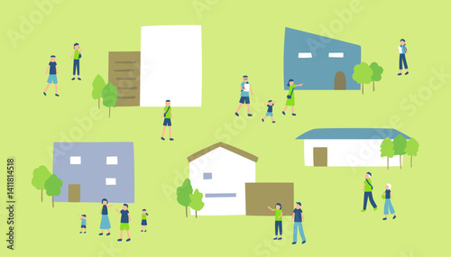 住宅展示場を回る人々のイラスト