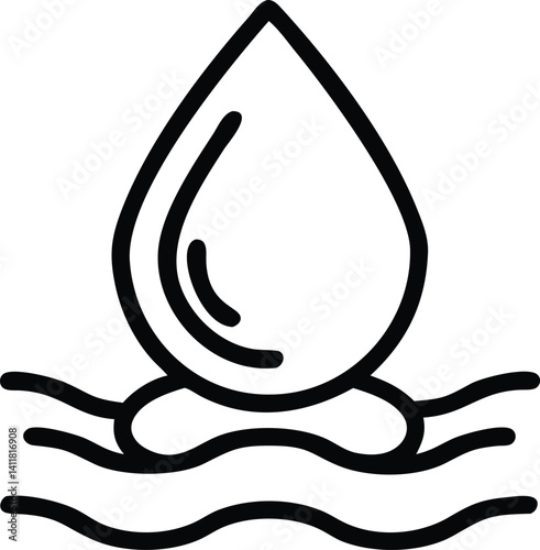 Simple Water Drop Outline Icon Above Wavy Surface with Transparent Background