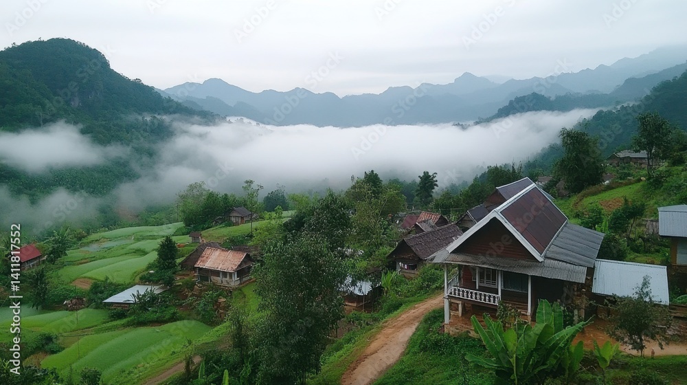 Obraz premium Early morning fog rolling over the mountains in Nam Nao National Park.