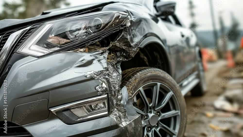 A car's damaged front fender following an accident A car's damaged front fender following an accident