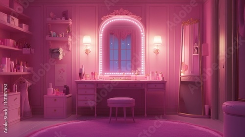 Feminine dressing room with pastel pink walls, vintage vanity, and soft lighting, perfect for a cozy self-care retreat.