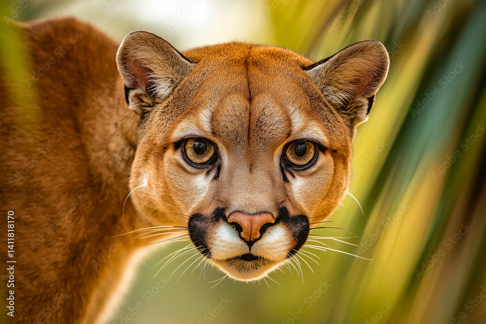Obraz premium Close up portrait of a mountain lion looking directly at the camera with green foliage behind it