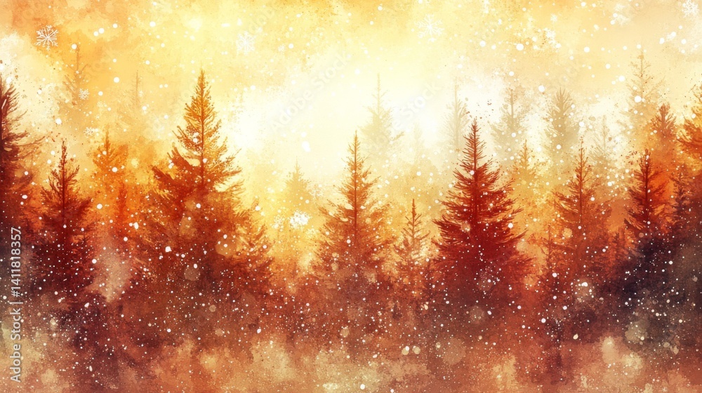 Naklejka premium Orange and Yellow Winter Sunset Forest Watercolor