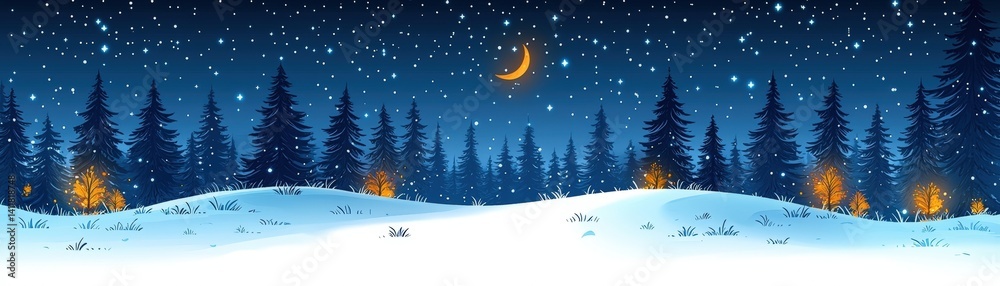 Fototapeta premium Serene Winter Landscape with Snowy Hills, Pine Trees, Moon, and Falling Snowflakes at Night