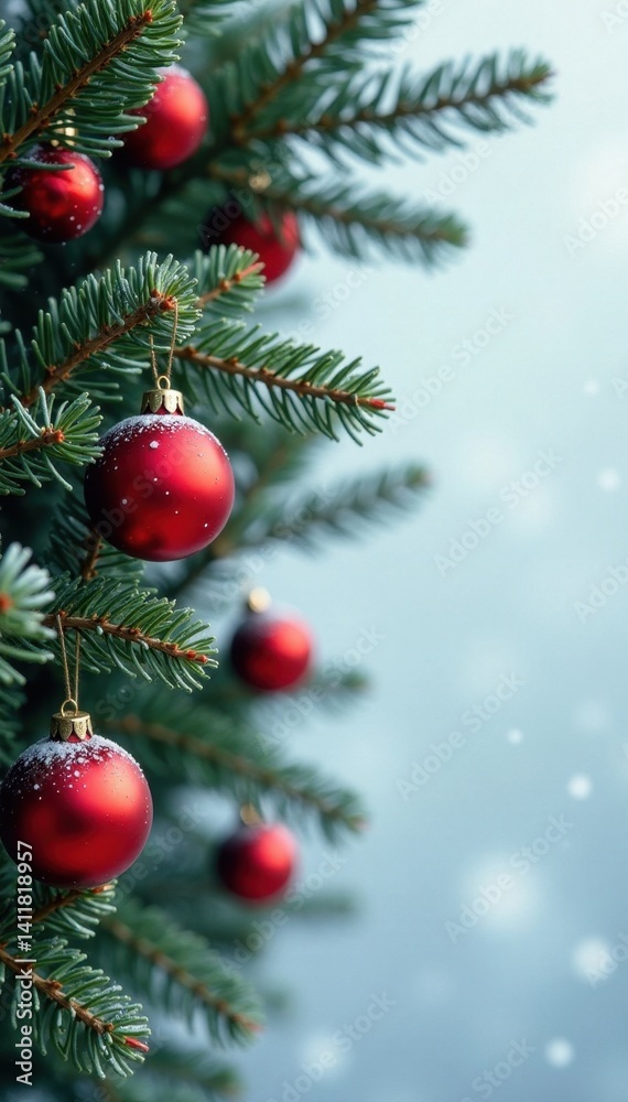 Rustic pine branches, glossy red baubles, snowy background, tree, ornaments, photo Rustic pine branches, glossy red baubles, snowy background, tree, ornaments, photo