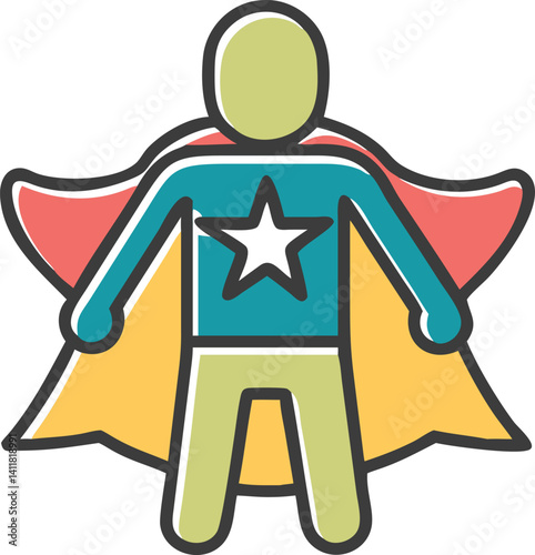 Simplified Icon of Colorful Superhero Character with Star, Isolated on White