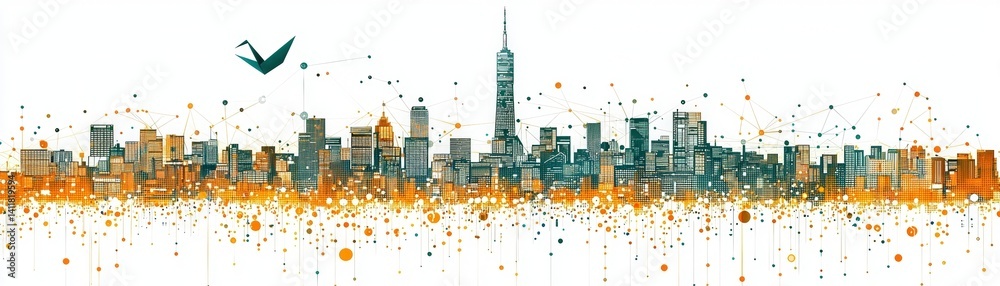 Vibrant City Skyline with Artistic Elements and Abstract Patterns in Bright Colors Vibrant City Skyline with Artistic Elements and Abstract Patterns in Bright Colors