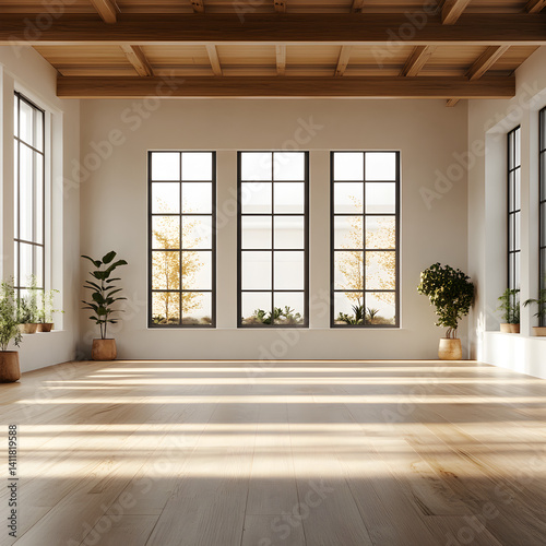 Minimalist Interior with Sunlight: A serene, sunlit interior space. Sunlight streams through tall windows, illuminating the wooden floor, exposed beams, and lush plants.