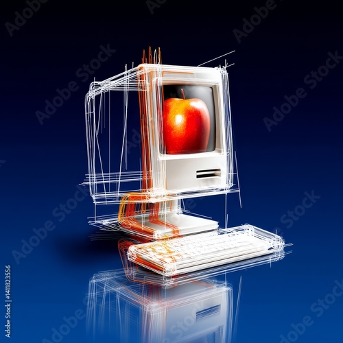 Vintage Apple Macintosh with Apple Illustration and Sketch-Style Rendering on Dark Blue Reflective Surface 