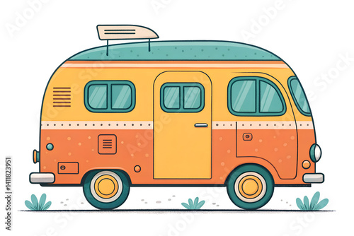 Orange retro camper van illustration with vintage style and big windows