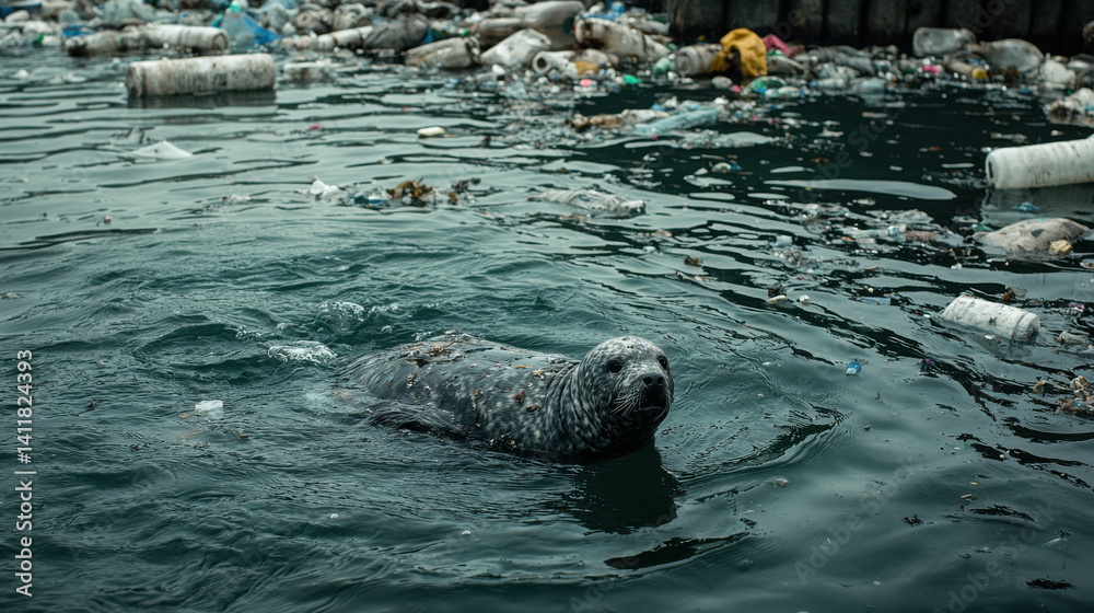 Naklejka premium Seal swimming in polluted water surrounded by plastic waste