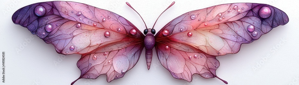 Fototapeta premium Colorful Butterfly Artwork with Water Droplets on Delicate Wings in Violet and Pink Shades
