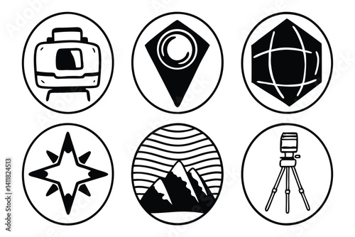 Travel and adventure vector icon set in line art style, isolated on white.